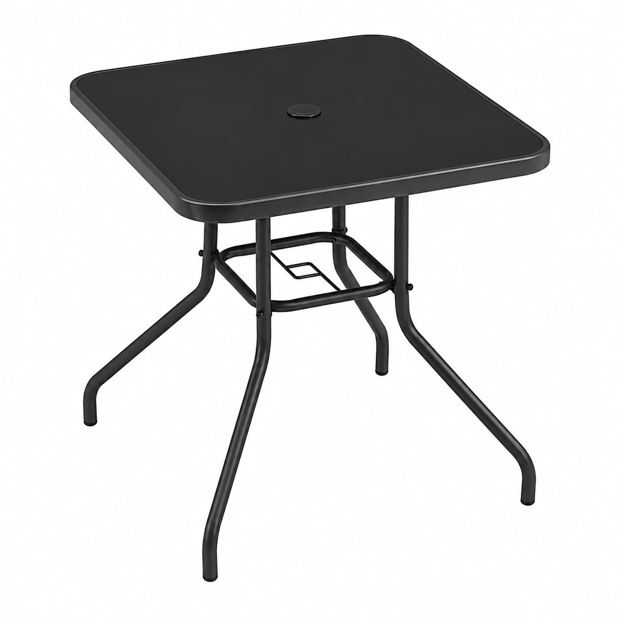 Mesa de Jardín de Cristal y Metal con Orificio para Sombrilla, 70x70 cm, Negro