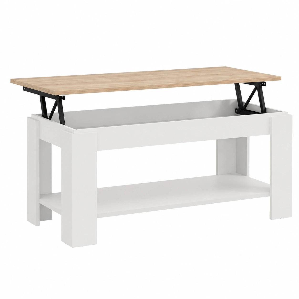 Mesa de Centro Elevable LYA, Blanco y Roble, 102x50x43-54 cm